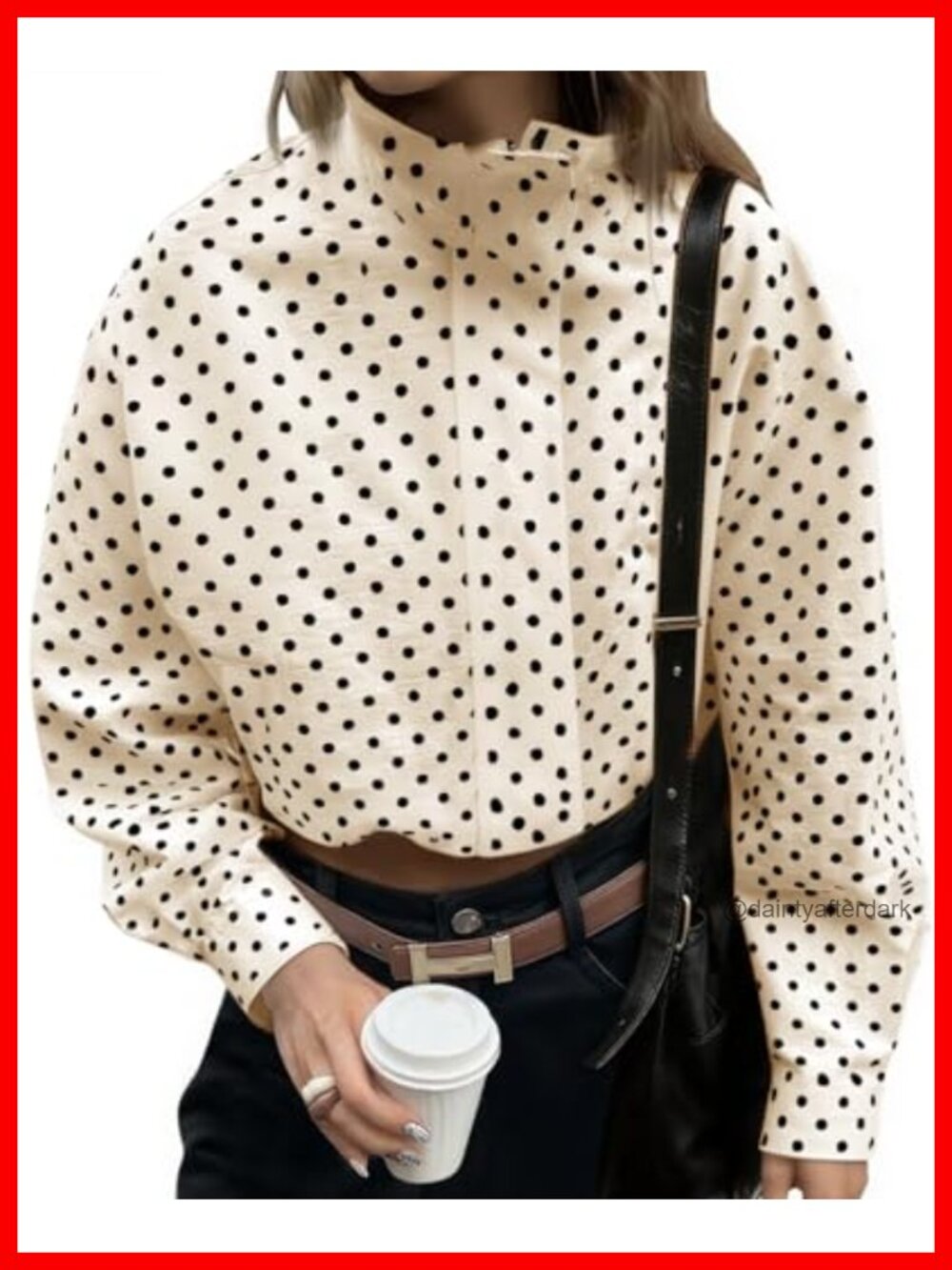 Womens Polka Dot Zip Up Cropped Jacket Oversized Fit Casual
